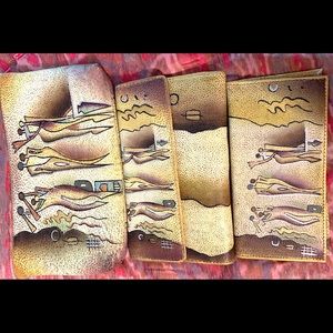 Three Piece Leather Clutch, Wallet Set w hand painted deco design